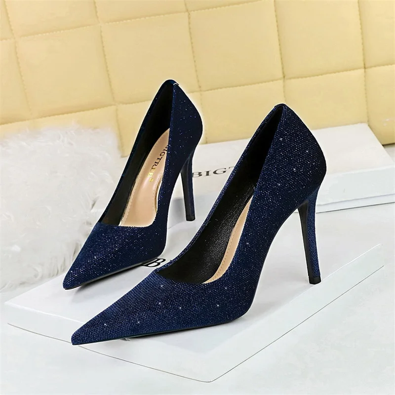 Versatile Style Fashion Women Bling Party Pumps Thin Super High Heel Shallow Mouth Pointed Toe Corduroy Wedding Single Shoes