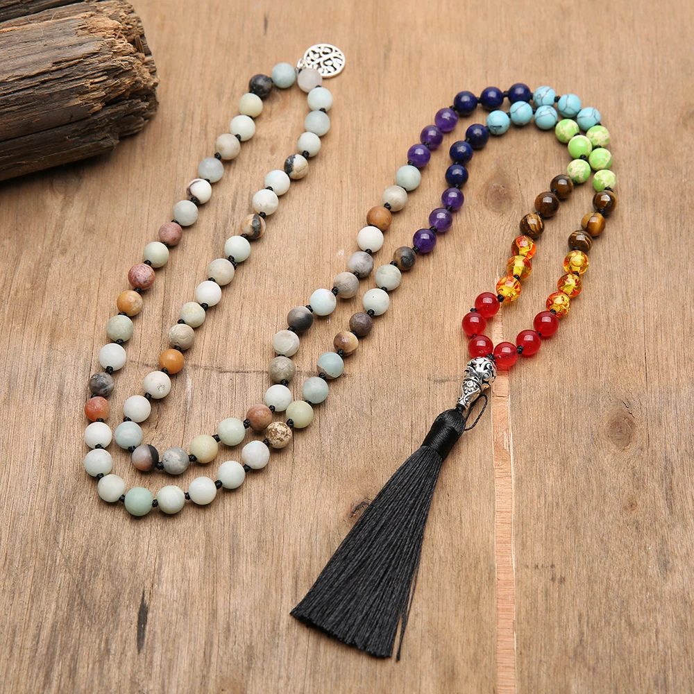 OAIITE 8mm Amazon Necklace 7 Chakra Balance Purified Reiki Energy Stone 108mala Beads Prayer Necklace for Men Women Jewelry