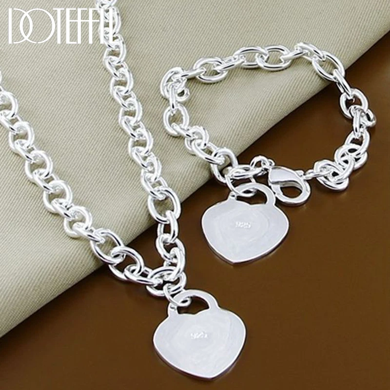 DOTEFFIL 925 Sterling Silver Heart 18 inches Chian Necklace 8 inches Bracelet Set For Women Wedding Engagement Party Jewelry