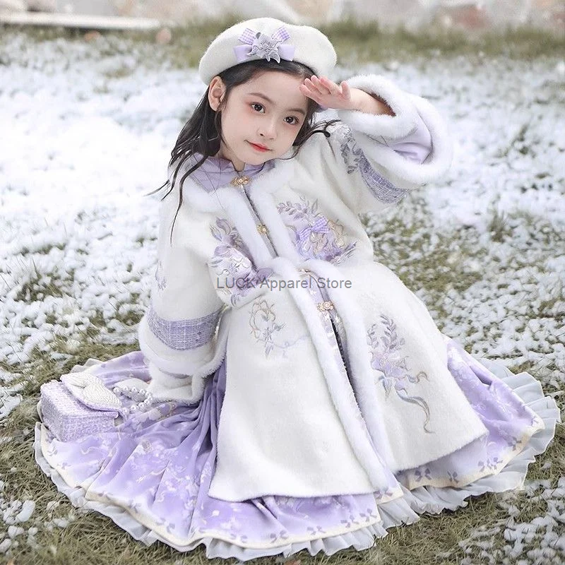 Girl's hanfu tangコスチューム、子供の古代スタイル、ぬいぐるみ、厚手、新年の日、女の子の服、冬