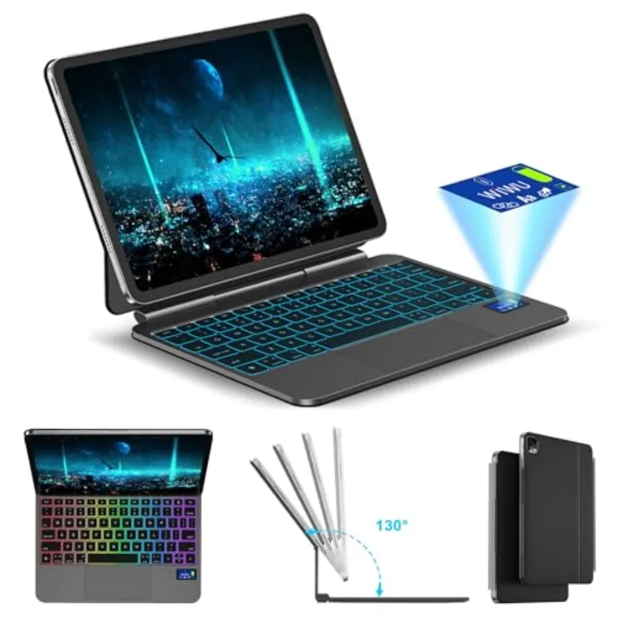 

iPad A16 Case with Keyboard 11/10th Gen Smart Display Magnetic Adjustable Stand 7 Color Backlit Silent Key Easy-Set Slim Keyboa
