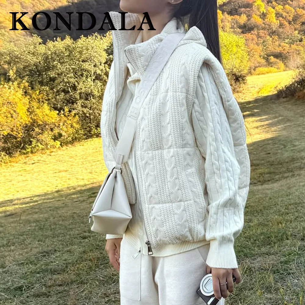 KONDALA Fashion 2025 Winter Solid Cotton Vest Knit Zipper Streetwear Turtleneck Pockets Sleeveless Jacket Casual Chic Outwear