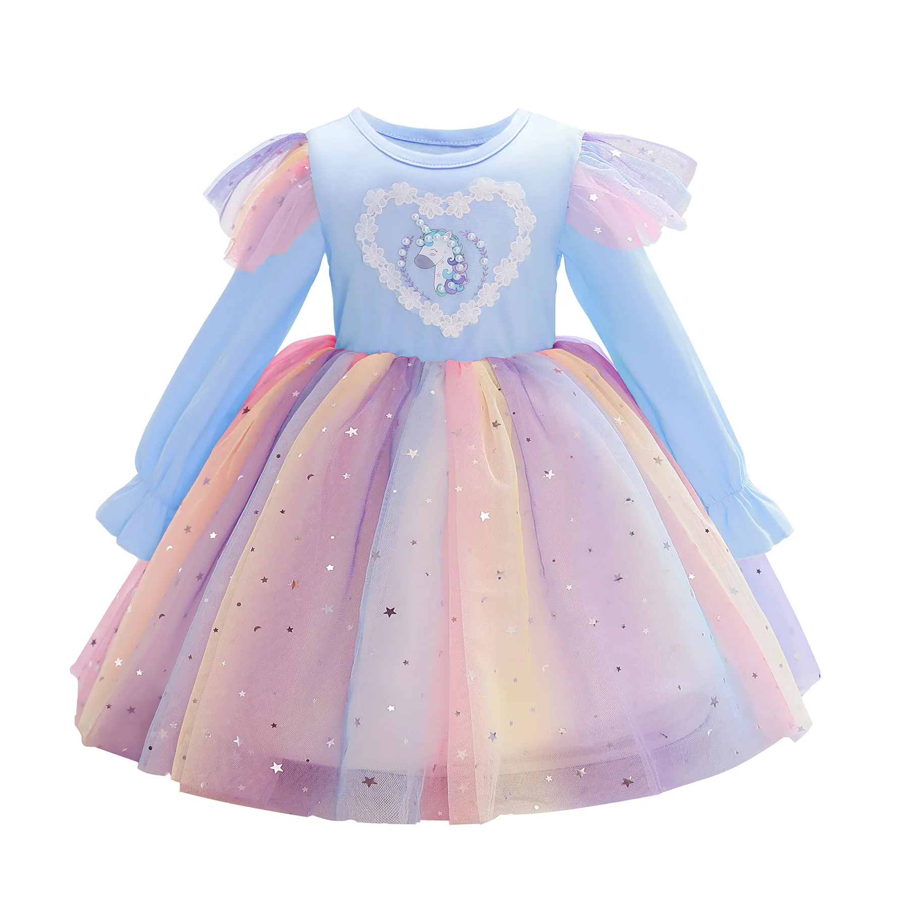 

Girl Colorful Puffy Lace Princess Dress Rainbow Unicorn Long Sleeve Gown For Christmas Party Dancing Performance Kids Clothes