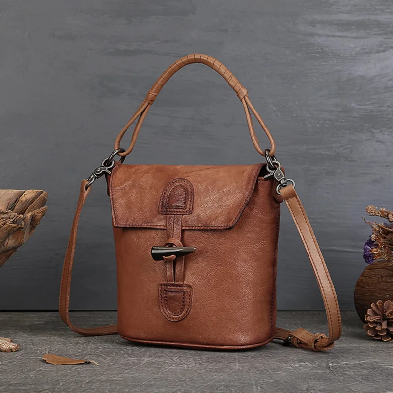 

Handmade Convertible Top Handle Crossbody Purse with Unique Artistic Clasp Vintage Genuine Cowhide Leather Shoulder Bucket Bags