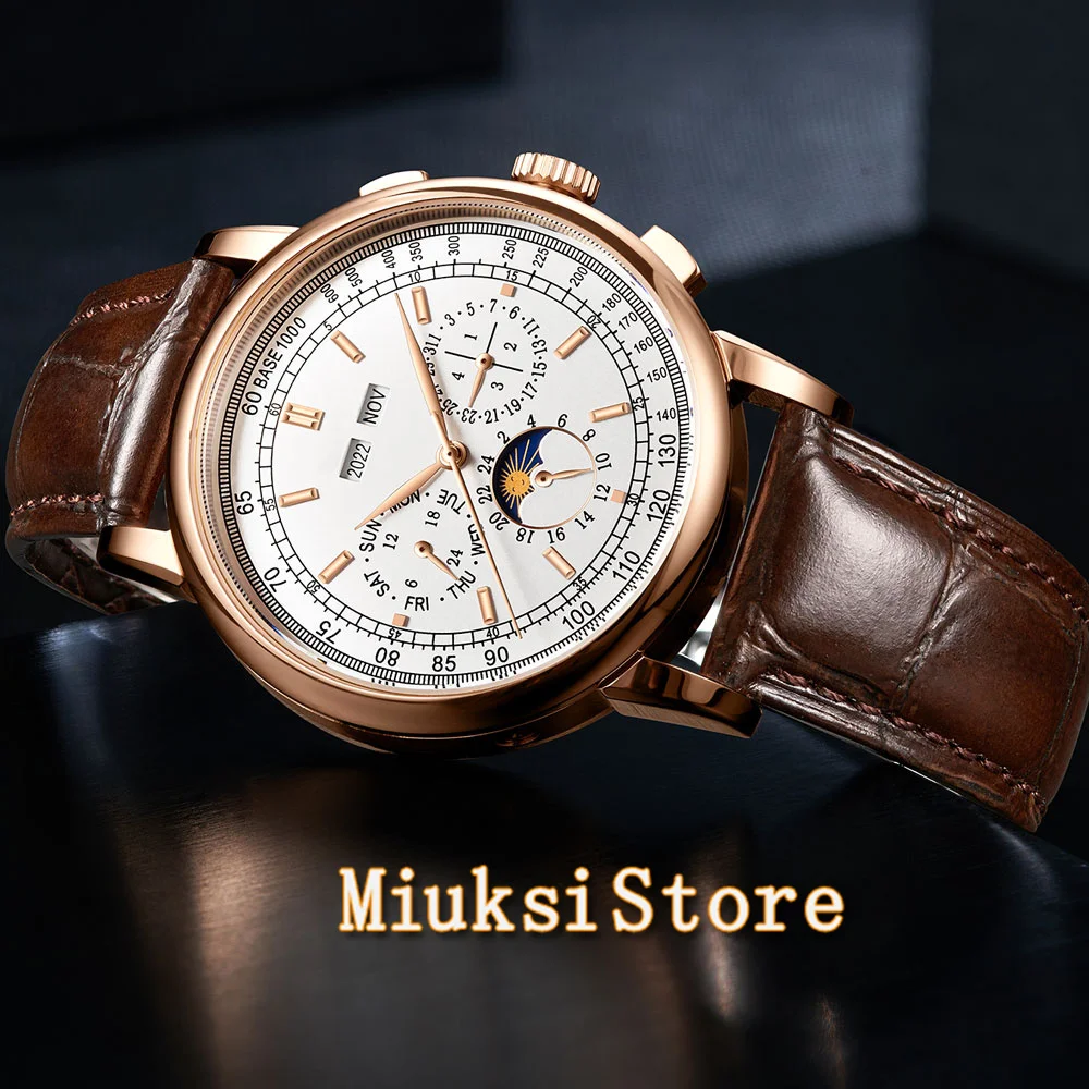 42mm Watch Custom LOGO Mens Watch Mechanical White Dial 316L Case Moon Phase Calendar WatcMultifunction Leather Strap Automatic