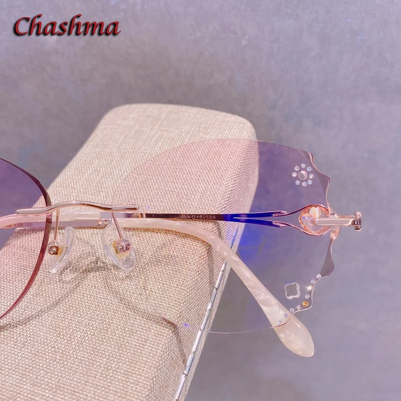 Chashma Lady luksusowe okulary przezroczyste kolorowe soczewki rama tytanowa kobiety Rhinestone optyczne Rimless lekkie okulary kobieta