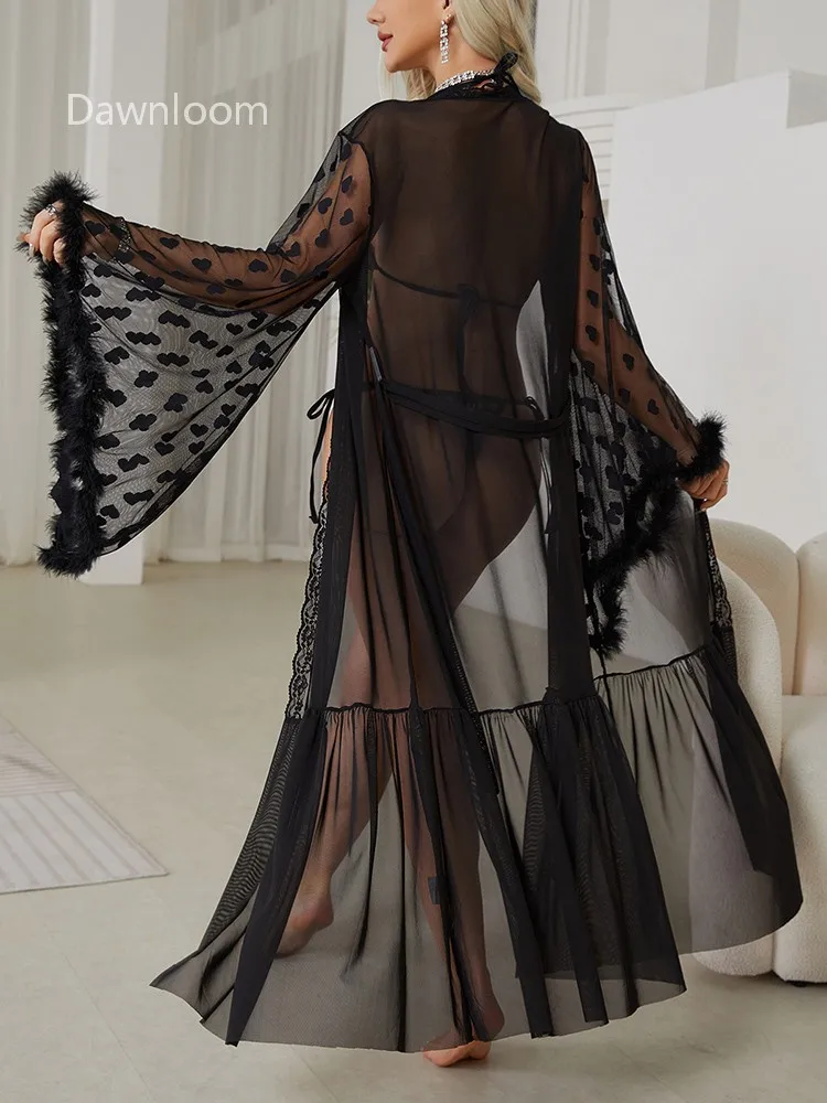Heart Jacquard Tulle Women's Long Robe with Feather-Trimmed Lace Flared Sleeves And Tie Waist Luxury Sexy Sweet Home Loungewear