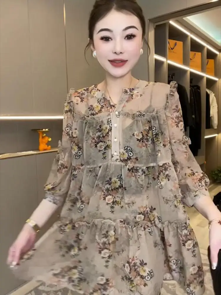 Internet Celebrity Explosion Street Dress Women's Summer New Explosive Style Medium to Long Age Reducing Fashion Floral Shirt