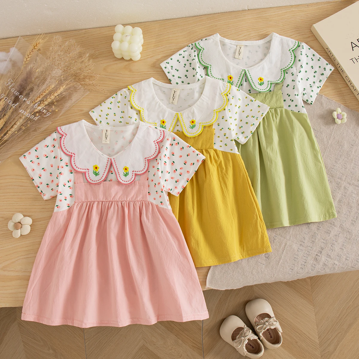 

Платье для маленьких девочек, летнее хлопковое платье с цветочным воротником и короткими рукавами, милое повседневное платье с мультяшным рисунком для девочек, одежда для маленьких девочек