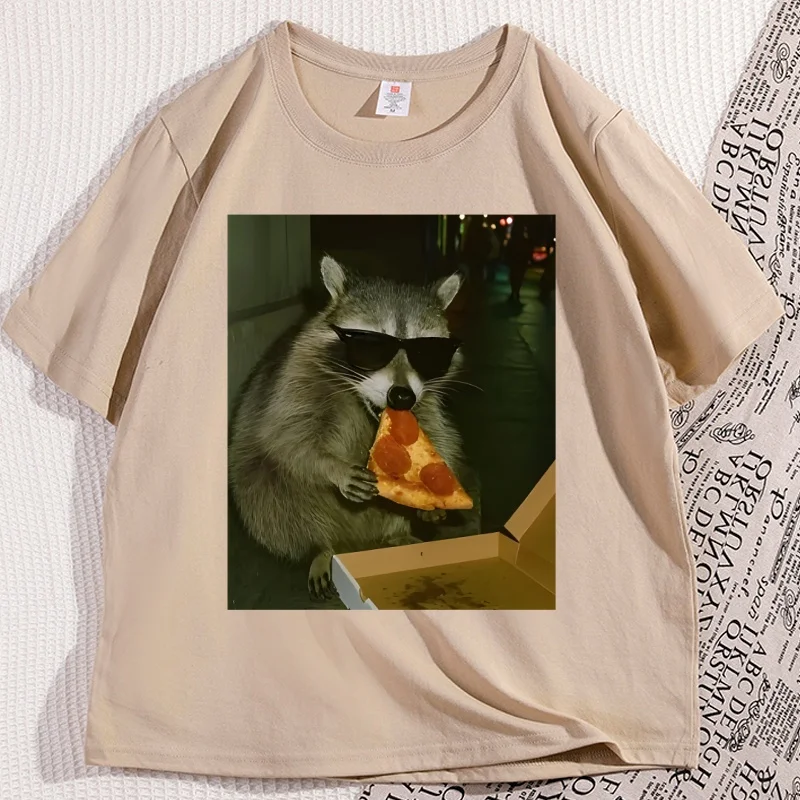 

Funny Raccoon Pizza T-Shirt Men Women Animal Meme Graphic Tee Cotton Short Sleeve Round Neck Tshirt Loose Man Clothes Tops