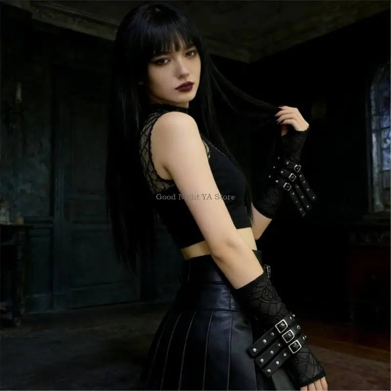  Arm Protector Adjustable Rivets Accent Lace Bracelet For Alternative Fashion Wear