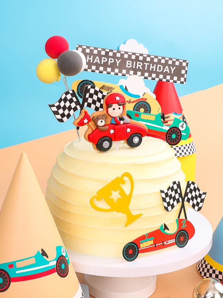 Cake Decoration Racing Theme Sports Car Boy Happy Birthday Cake Topper Baby Shower 1 Year Birthday Party Supplies Children's Day