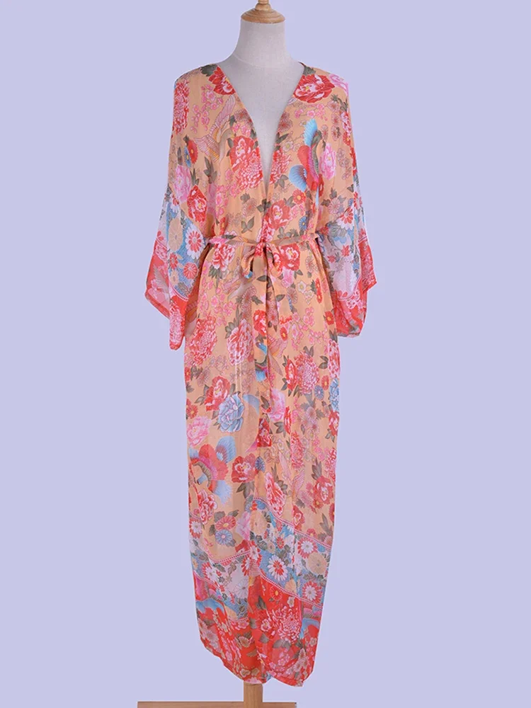 Vintage Print Floral Beach Cover Up Summer Swimwear Bikini Outerwear Flare Sleeve Oversize Long Cardigans