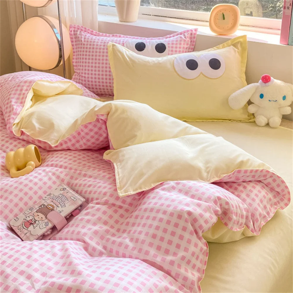 

INS Pink Yellow Duvet Cover Set No Filling Grid Flower Boys Girls Single Queen Size Soft Bed Linen Pillowcases Cute Bedclothes