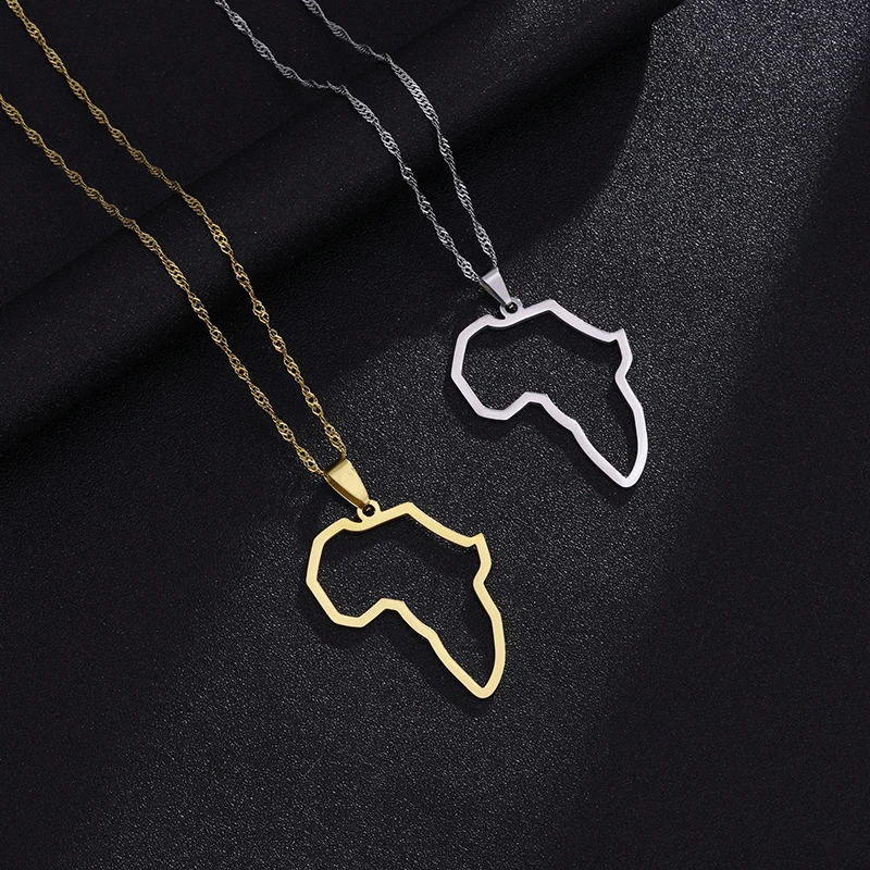 Fashion Africa Profile Map Pendant Necklaces Gold Color Outline Stainless Steel Ethnic African Maps Birthday Party Jewelry