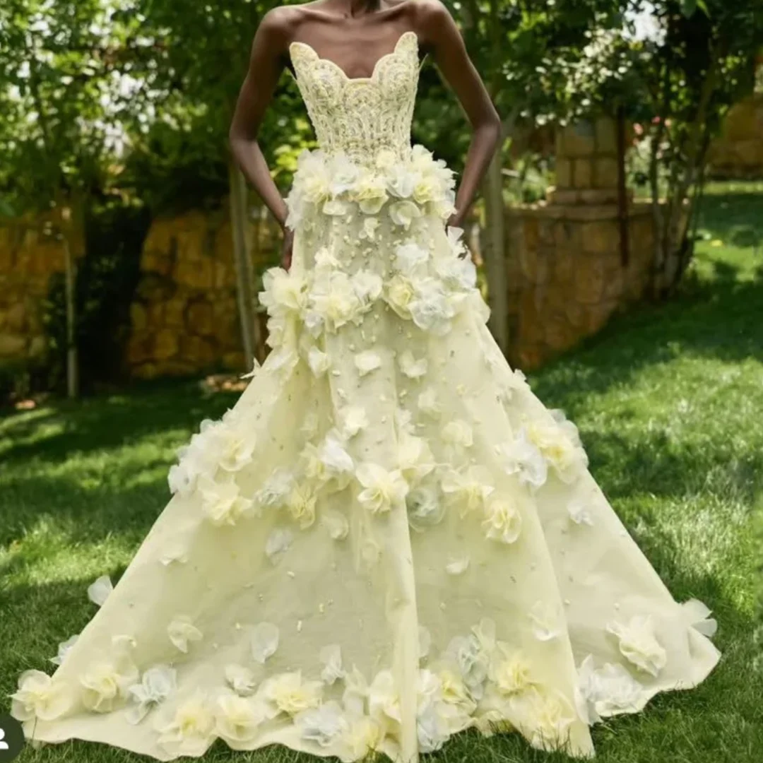 Light Yellow Prom Gowns 3D Floral Flowers Shoulder Formal Party Dresses Luxury Applique Maxi Dress Wedding Beading Custom Made