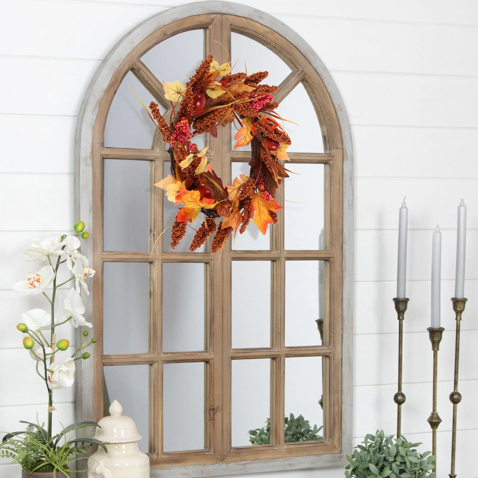 

13.76" Autumn Decor Wreath Artificial Fall Maple Leaf Garland Berries Acorns For Harvest Festival Thanksgiving Door Wall Hanging