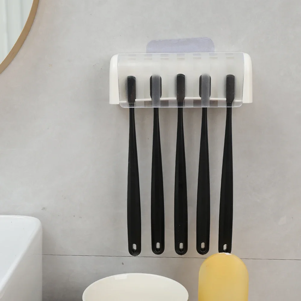 Bathroom Wallmount Toothbrush Holder with Cover 5 Slots Without Drilling Home Bathroom Self Adhered Toothbrush Storage Racks