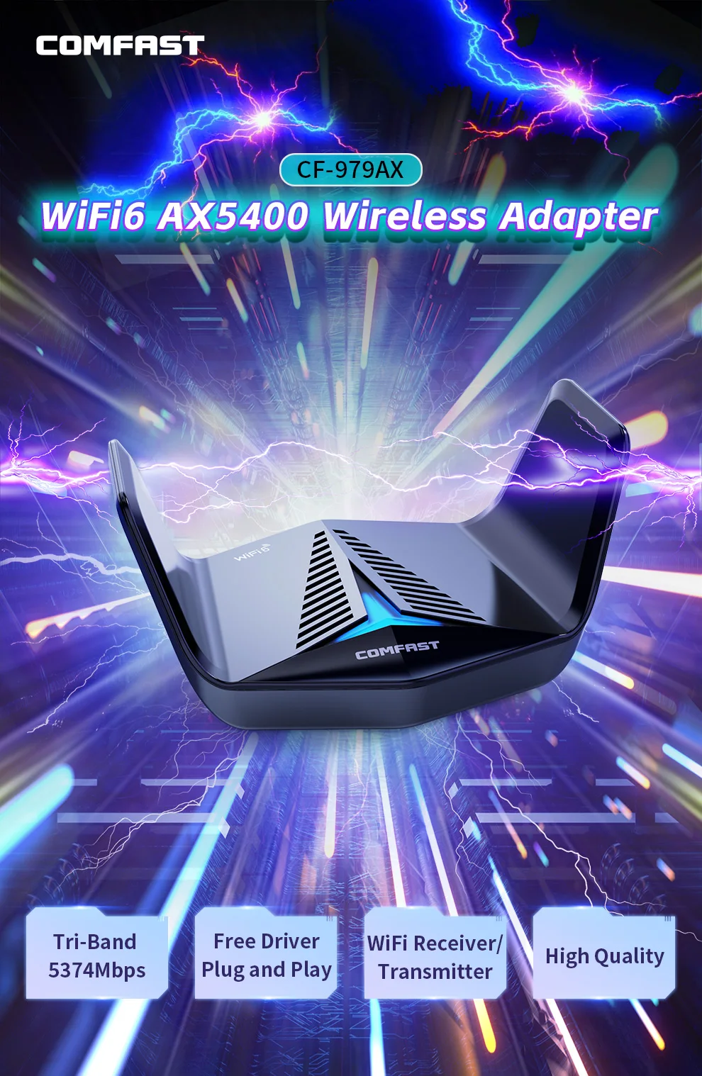  COMFAST AX5400 WiFi6 USB3.0 Wireless Adapter Tri-band 2.4G+5G High-Speed Esports gaming Network card For Win10/11 Driver-Free