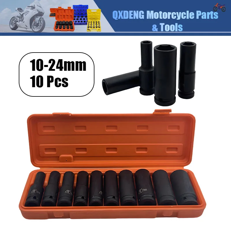 

1/2" Inch Hex Pneumatic Impact Socket 10mm-24mm Deep Wall Extended Sleeve For Tire Removal Motorcycle Repair Tools 10PCS/Set