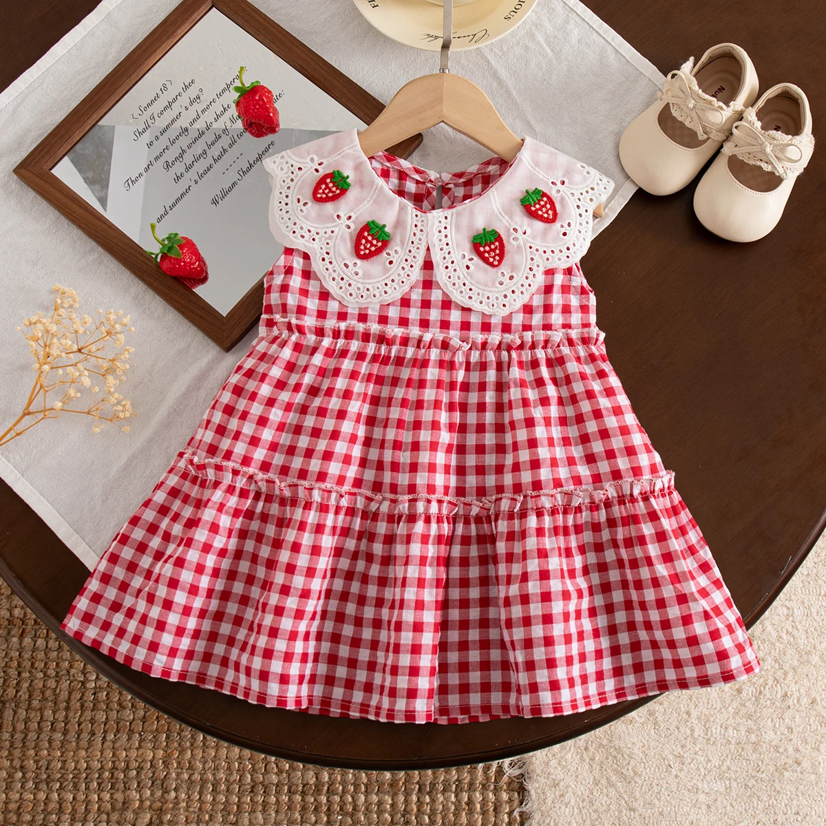 Baby Dress Summer Checkered Cartoon Collared Sleeveless Girls' Dress Cute Beach Princess Children's Dress Baby Girl Clothing
