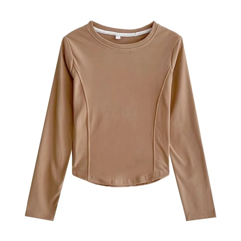 

Classic Solid Color Round Neck Fishbone Thread Design Loose Slim Long Sleeve T-shirt
