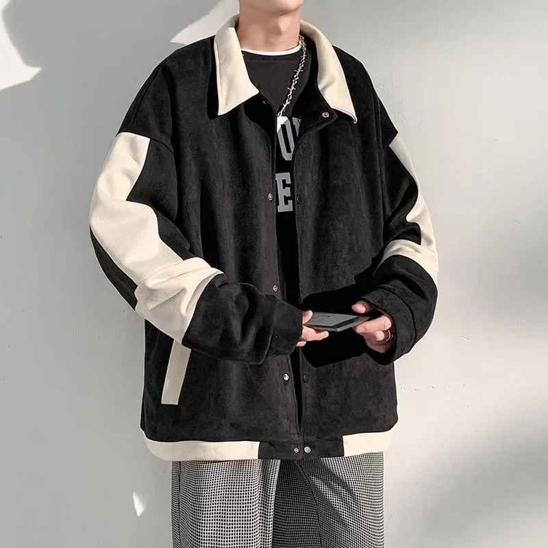 

Autumn and Winter New Ins Hong Kong Style Polo Collar Jacket Men's Loose Trendy Suede Stitching Color Couple Coat coats