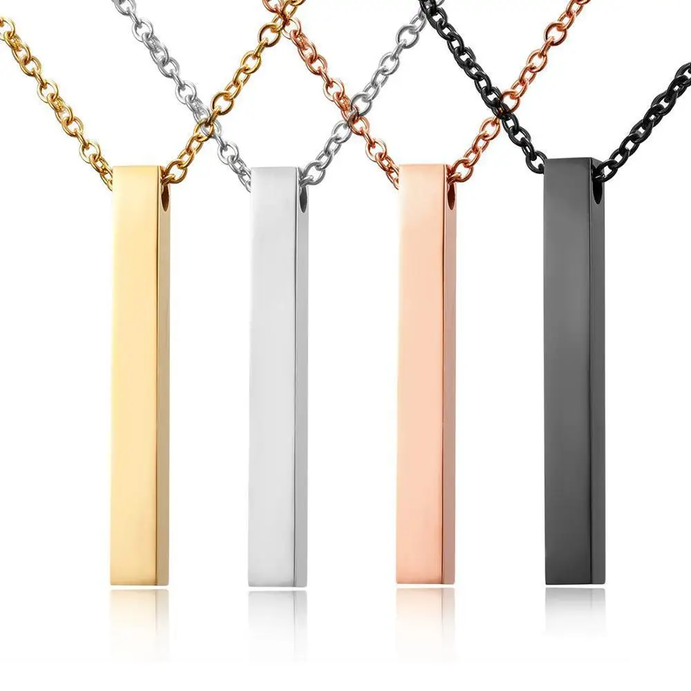 Mirror Polished Stainless Steel Four Sides Can Engrave Blank Square Bar Custom Name Necklace Rectangle Pendant Necklace Chain