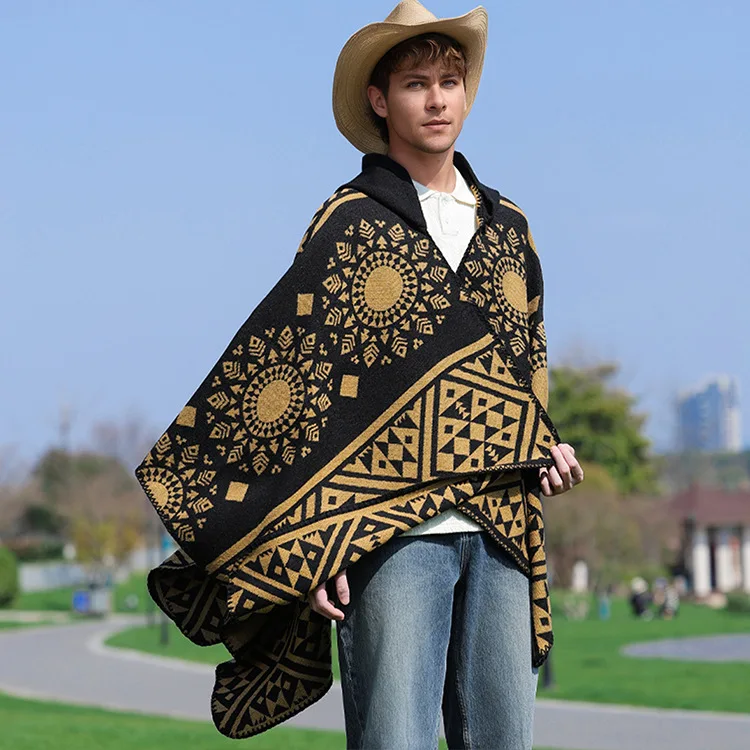 Autumn and Winter New Hooded Cape Shawl Warm Men's Hot Selling Split Cape Travel Driving Multi-purpose Poncho Cloak P8