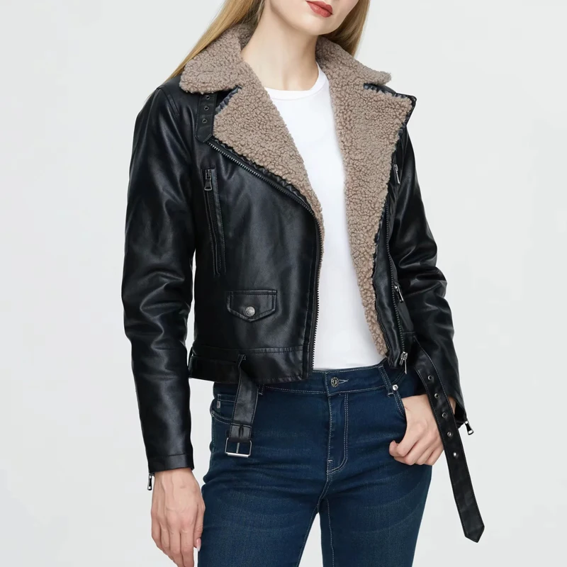 Thiened Lamb Fur Long Sve Leder Jaet Herbst Winter Neue Baumwolle Warm Faion Motorrad Reißverschluss Leder Jaet Street S...