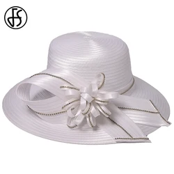FS Summer Wide Brim Kentucky Derby Hats For Women Elegant White Floral Wedding Cap Outdoor Beach Sunshade Bucket Hat Chapeau