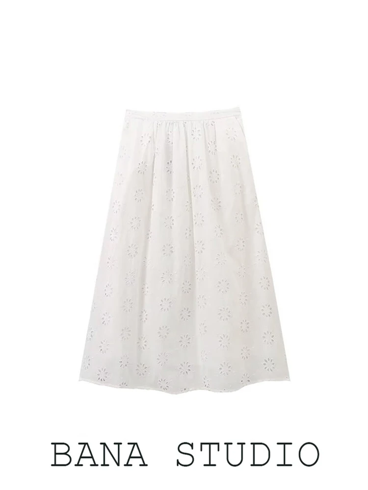 

Bohemian White Embroidered Hollow Flower A-Line Skirt High Waist Cotton Gown for Women Daily Wear Side Zipper