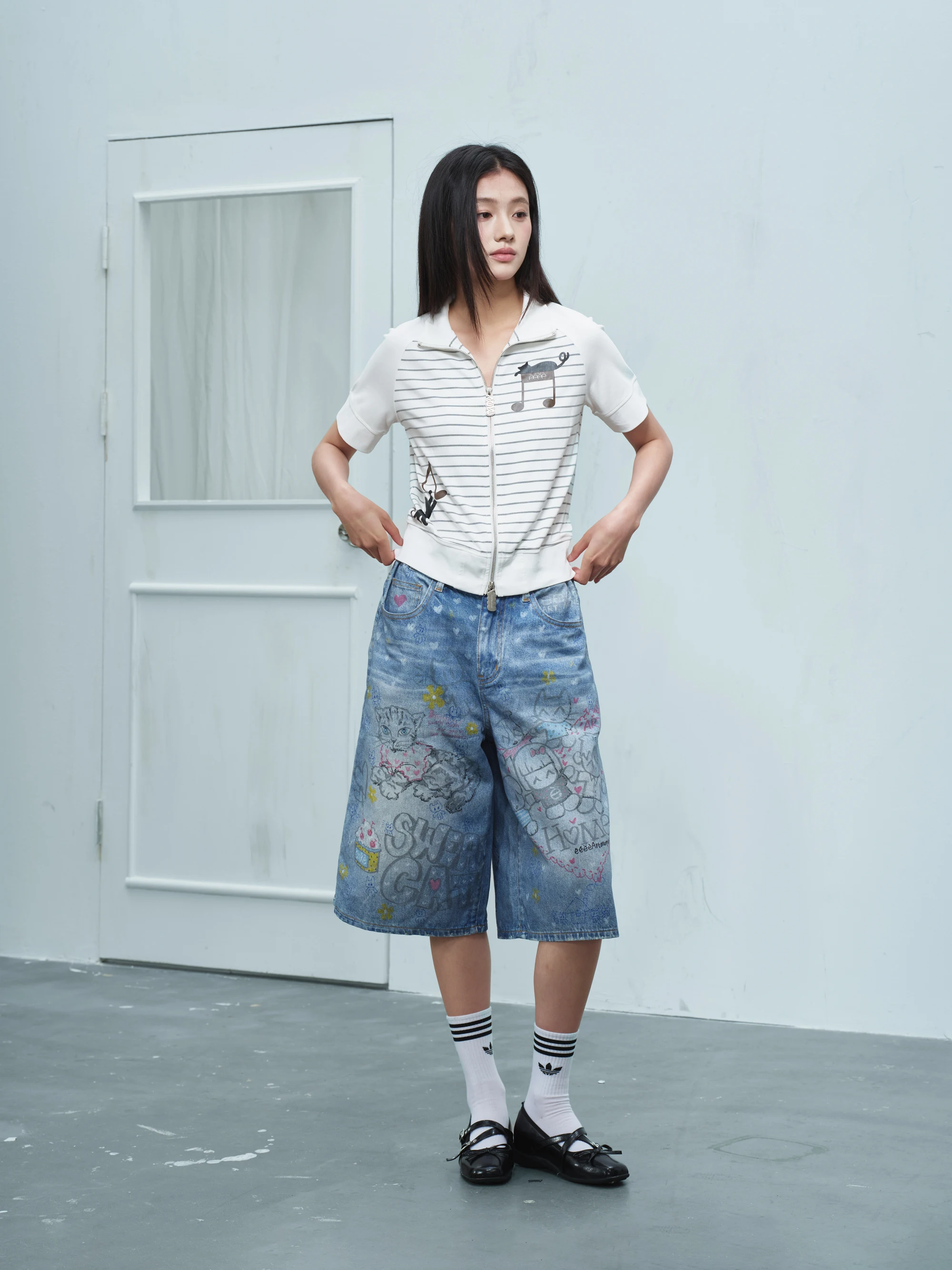 Hand-Drawn  Cartoon Graffiti Denim Shorts Heart Polka Dot Straight Leg Seven-Length Pants Summer Collection Cotton 100%