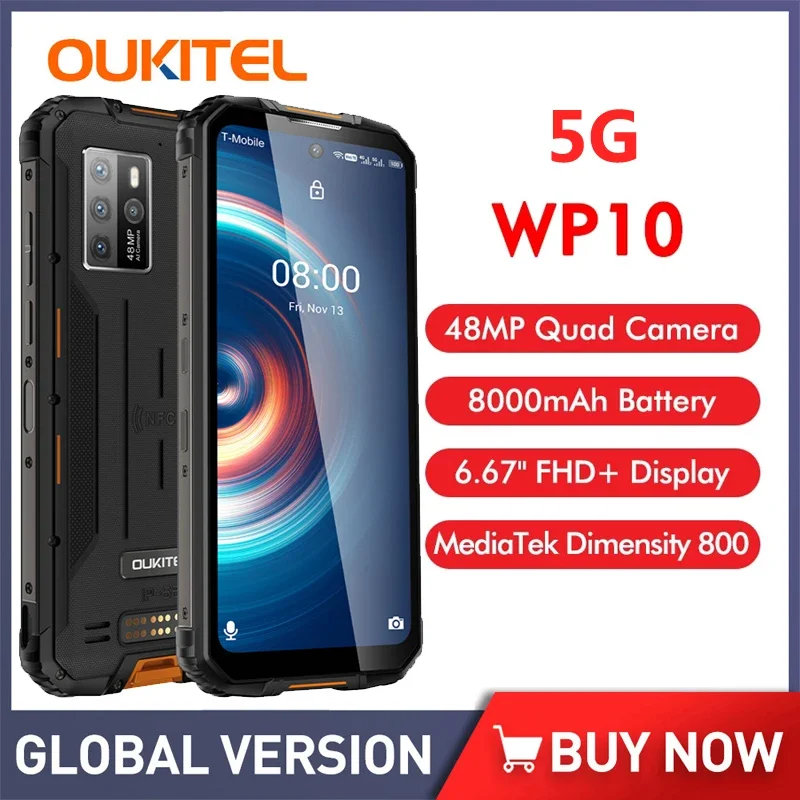 Oukitel WP10 5G 견고한 스마트폰, 8000mAh 배터리, 6.67 인치 FHD 화면 디스플레이, 휴대폰 8GB + 128GB, IP68 방수 NFC 휴대폰