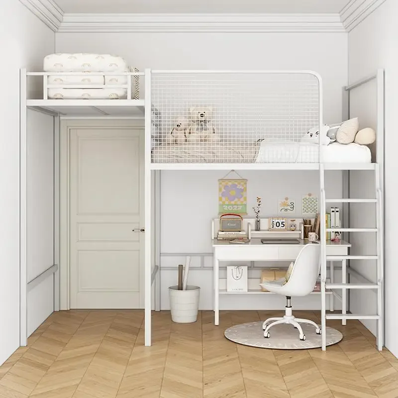 Wrought iron duplex elevated bed duplex floor bed sheet upper floor small apartment attic bed under table