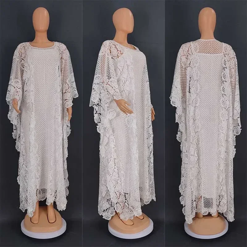 White Lace African Dresses for Women Loose Abaya Dubai Kaftan Traditional Boubou Robe Africa Dashiki Moroccan Caftan Arabic Gown