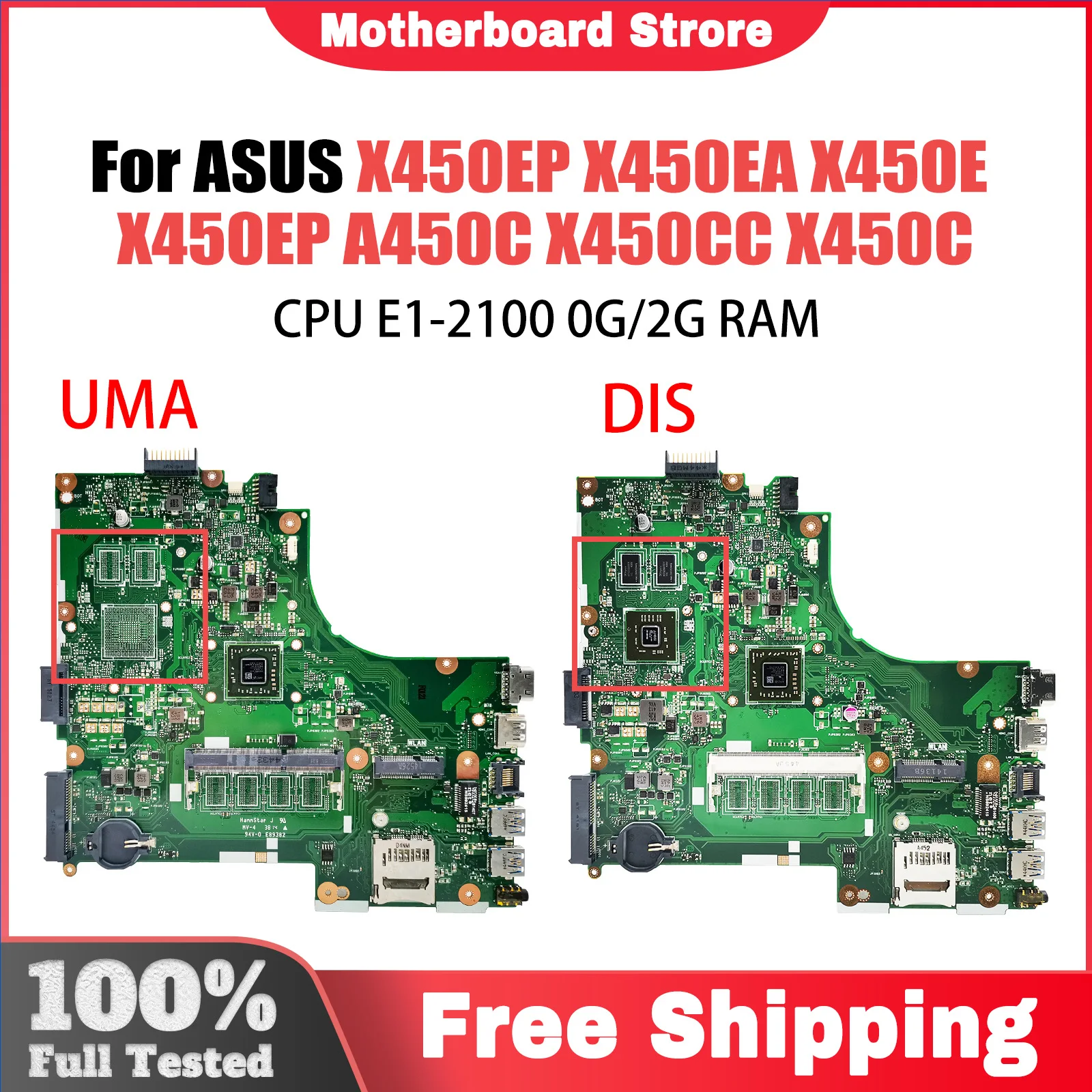 Computer Mainboard For ASUS X450EA X450EP X450E X450EP X450C A450C X450CC Laptop Motherboard with E1-2100 CPU 0G 2G-RAM