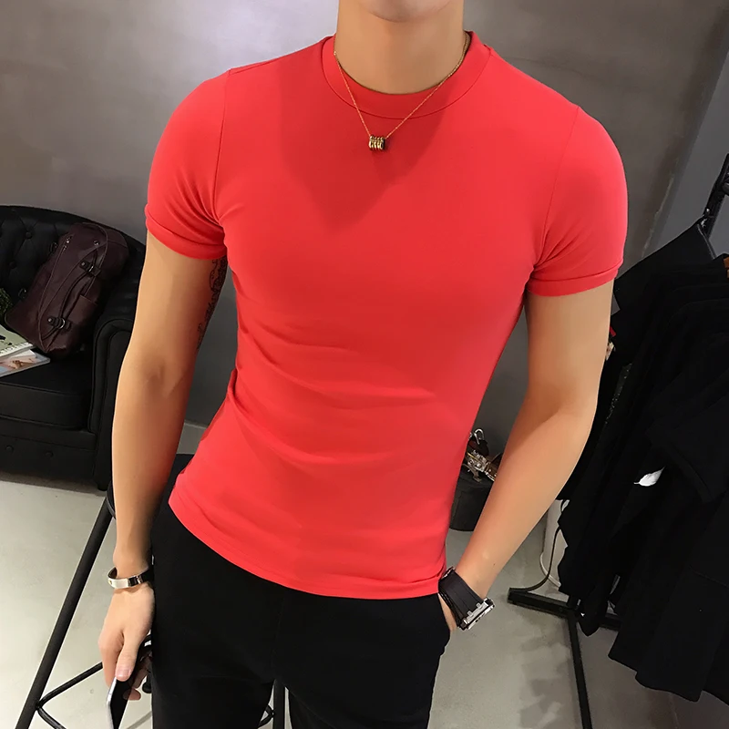 Men\'s Summer Casual Versatile Solid Color T-Shirt Korean Luxury Round Neck Short Sleeve Slim Fit Tight Cotton Tee Shirt 4XL-M