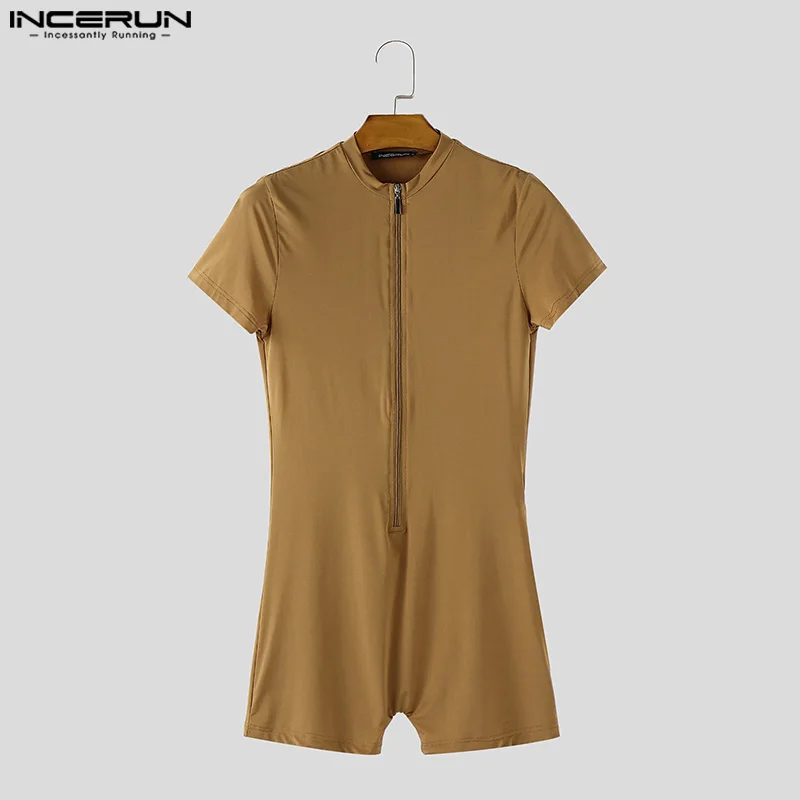 INCERUN 남성 바디 슈트 솔리드 컬러 지퍼 반팔 섹시한 남성 Rompers Playsuits 2025 스키니 여름 패션 바디 슈트 남성 S-3XL