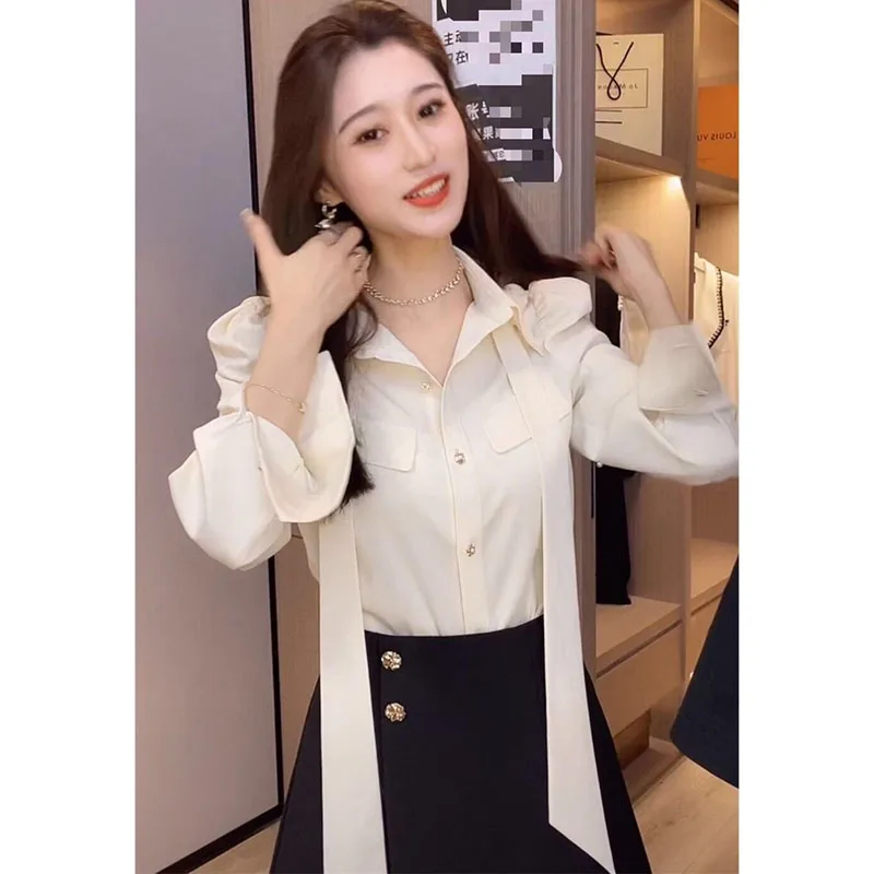 Damska koszula/kurtka na wiosnę i jesień, jednolity kolor, styl casual, modna, z długim rękawem, z kokardą, bluzka/kardigan z bufiastymi rękawami.