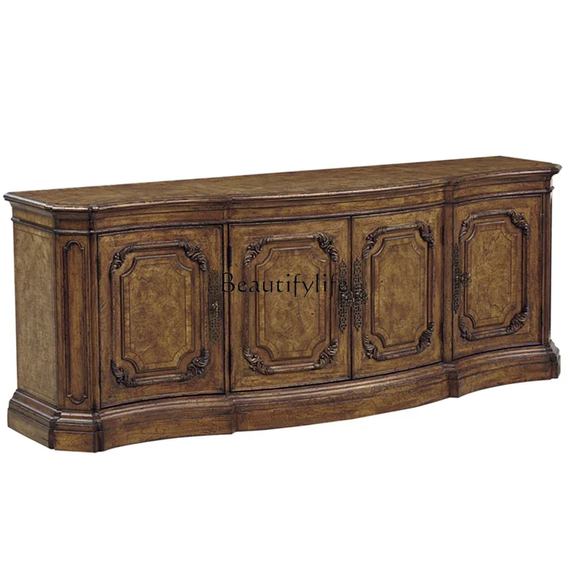 

FG40Pure American Classical Light Brown High TV Cabinet Villa Living Room Solid Wood Floor Cabinet