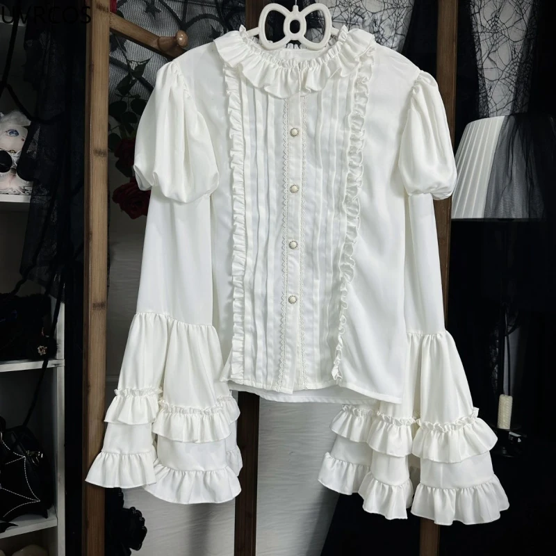 Japanese Sweet Girls Kawaii Cute Lolita Flare Sleeve Blouses Victorian Y2k Aesthetic Ruffles Shirts Tops Women Jk Loose Blusas