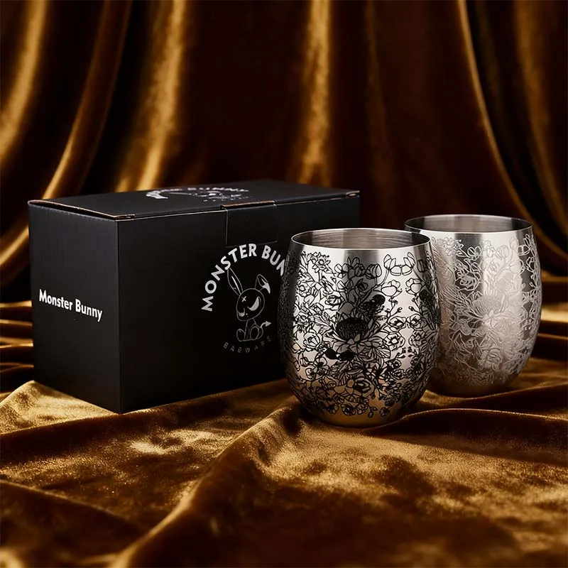 350 مللي الفولاذ المقاوم للصدأ Stemless كأس للنبيذ محفور نمط بهلوان معدني دون مقبض Stemless كوب مارتيني لشريط المنزل الطرف