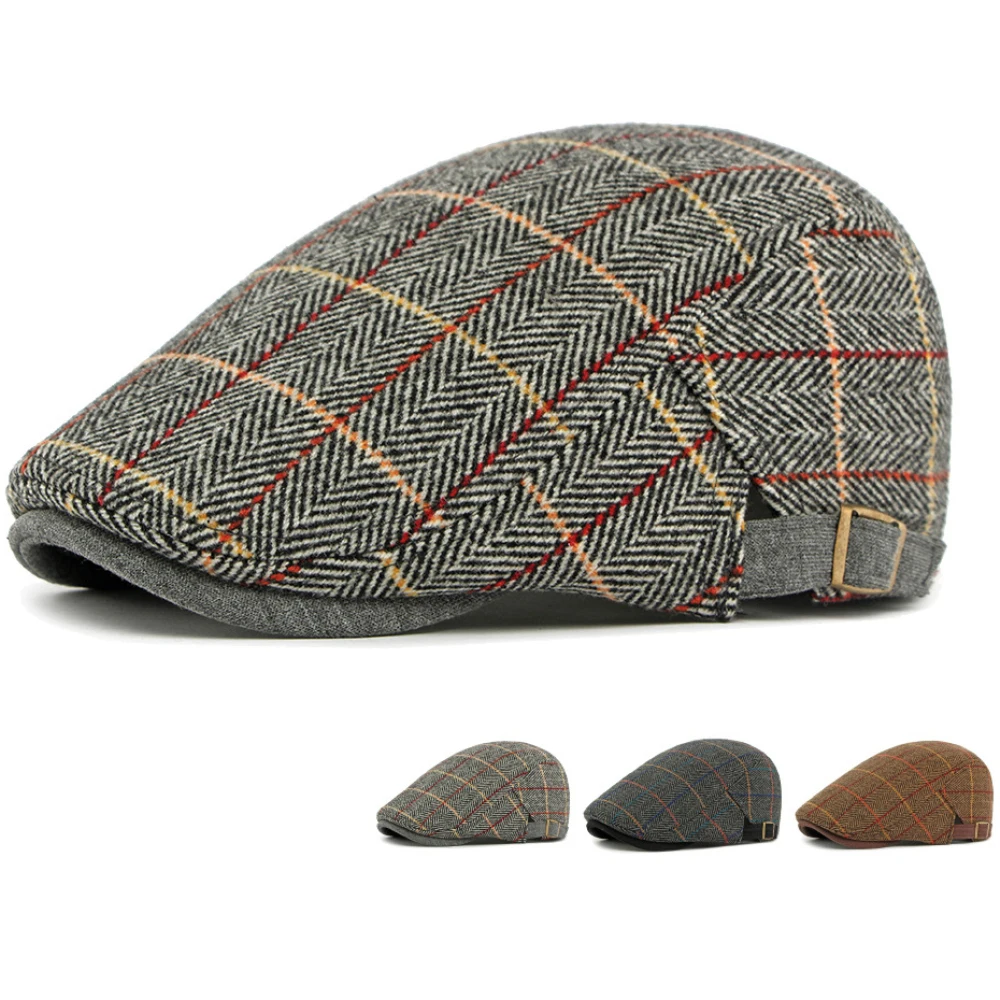 

HT4909 Beret Cap Spring Autumn Winter Wool Hat Artist Painter Plaid Beret Hat Male Female Ivy Flat Cap Adjustable Mens Berets