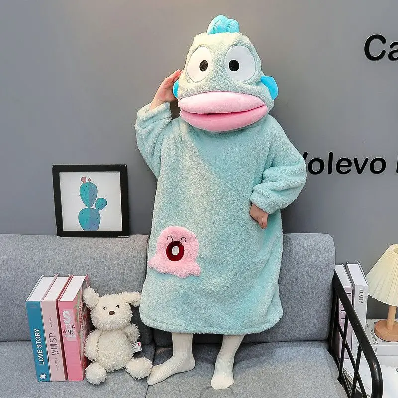 Kawaii Hangyodon Plush Siamese Pajamas Hooded Jumpsuit Pajamas Sanrioed Anime Cartoon Coral Velvet Homewear Thickened Nightgown