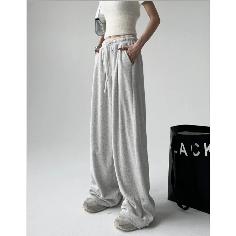 Deeptown Basic Oversized Grey Women Knit Sweatpants Wide Leg Sport Drawstring Pants Baggy Jogging Korean Fashion Trousers Casual