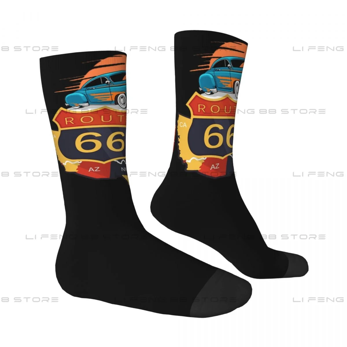 Route 66 US Route 66 Car Show Sticker Men Women Socks Windproof Novelty Spring Summer Autumn Winter Stockings Gift