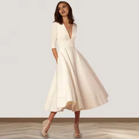 Women Midi Dress Fashion Vacation Party Dresses Half Sleeves Deep V Neck A-line Flowy Hem Dress Pure Color Banquet Evening Dress