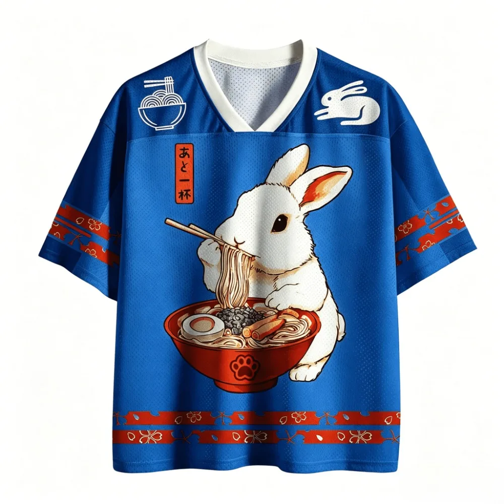 Japanisches süßes Kaninchen, das Ramen isst, 3D-Druck, atmungsaktiv, schnell trocknend, Herren-T-Shirt mit V-Ausschnitt, Übergröße, Streetwear, Y2K, Eltern-Kind-Kleidung – Detail 6