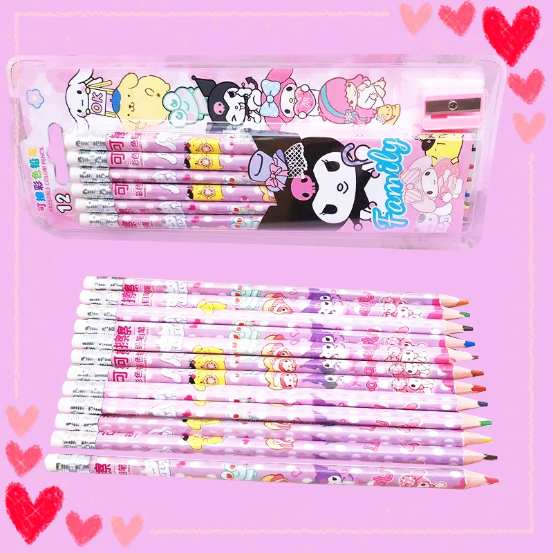 12Pcs Sanrio Color Pencils Kawaii Students Drawing Tools Anime Kuromi Melody Purin Cute Eraser Coloring Pen Kids School Gifts